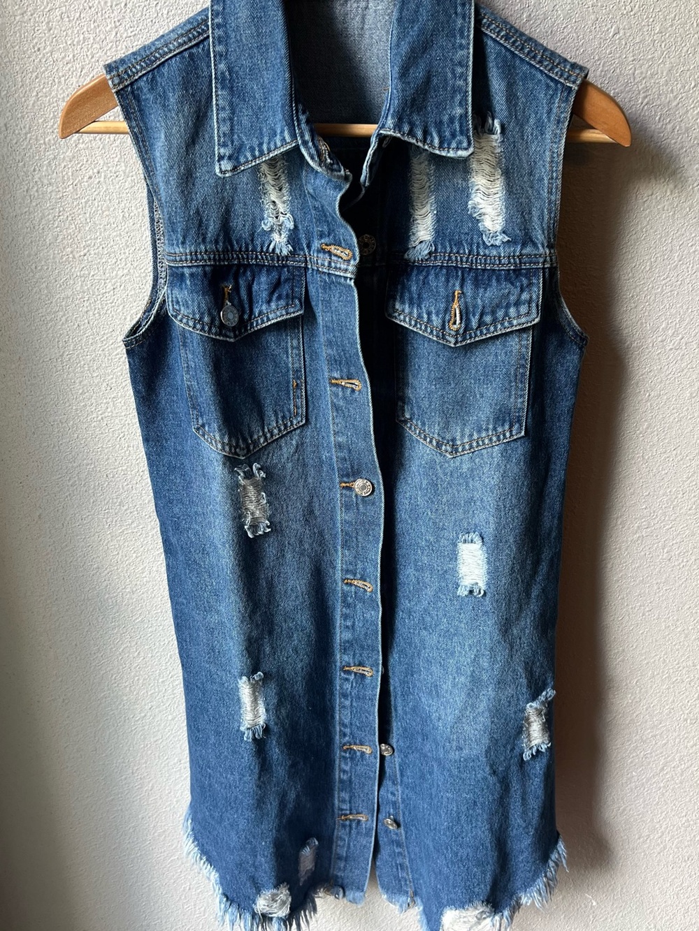 Distressed Sleeveless Denim Vest - Blue